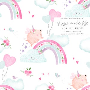 May include: A seamless pattern featuring pink pigs with wings flying over a rainbow with pink, purple, and blue stripes. The background is white with pink hearts, blue butterflies, and white clouds with happy faces. The text "if pigs could fly" is written in black cursive.