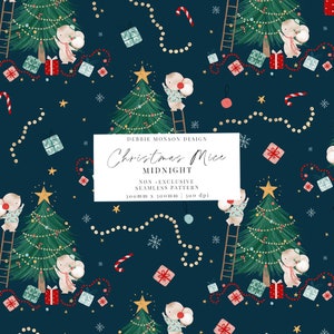 May include: A seamless pattern featuring cute mice decorating a Christmas tree with red and gold ornaments, candy canes, and a star on top. The background is a dark blue with white snowflakes and stars. The text "Christmas Mice Midnight" is in a white box with a black border.