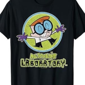 May include: Black t-shirt with a green circle and a cartoon image of Dexter from Dexter's Laboratory. The text "Dexter's Laboratory" is written in a green, yellow, and blue font.