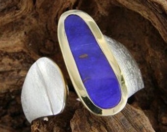 Ungewöhnlicher Silberring mit Dunkelblauem Australischem Boulderopal, Ring mit Offenen Enden, Bicolor-Ring, Unisex-Schmuck, Ringgröße 8