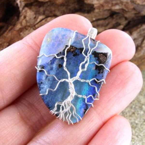 Silber Draht-Umwickelte Boulderopal Baum des Lebens Anhänger, Yggdrasil Schmuck, Hippie-Geschenke, Silber Opal-Anhänger, Freundin Geschenk