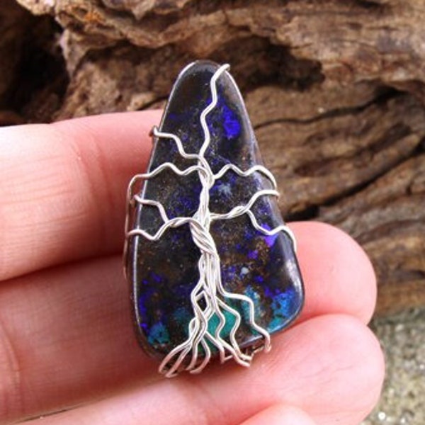 Silber Baum des Lebens Anhänger, Draht-Umwickelte Boulderopal, Yggdrasil Schmuck, Hippie-Geschenke, Silber Opal-Anhänger, Freundin Geschenk