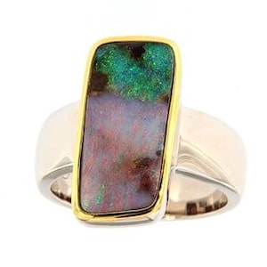 Rosa und Blau Rechteckiger australischer Boulder Opal in Breitem Sterling Silber Statement Ring