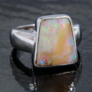 Chunky Sterling Silver Ring with Flashy Australian Boulder Opal, Unisex Opal Statement Ring, Ready to Ship Gift, Statement Ring Size 9.5