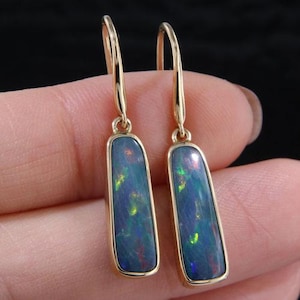 Australian Opal Doublets with Red and Green Flash in 14k Yellow Gold Drop Earrings, Gift for Wife, October Birthstone Jewelry