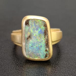 Matte 18k Yellow Gold Ring with Australian Boulder Opal, Unisex Jewelry, Men&#39;s Pinky Rings, Ready-to-Ship Jewelry Gifts