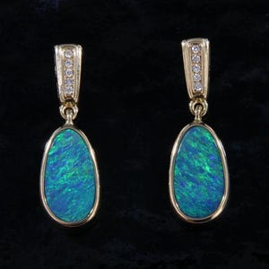 14k Yellow Gold Drop Earrings with Blue-Green Australian Opal Doublets and Diamonds, Ready to Ship Gift for Wife, October Birthstone Jewelry