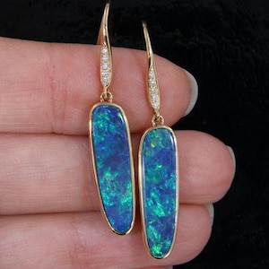Elegant Drop Earrings with Blue-Green Australian Opal Doublets and Diamonds in 14k Yellow Gold, Ready to Ship Gifts, October Birthstone