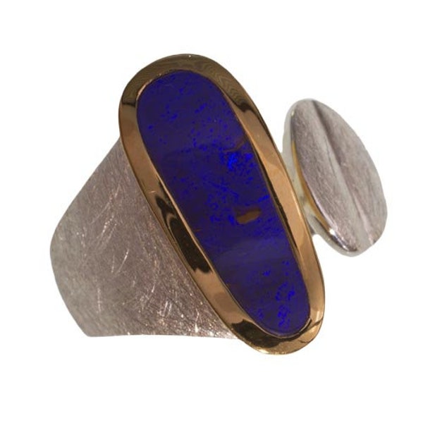 Ungewöhnlicher Silberring mit Dunkelblauem Australischem Boulderopal, Ring mit Offenen Enden, Bicolor-Ring, Unisex-Schmuck, Ringgröße 8