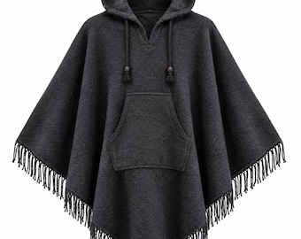 Poncho en laine et coton noir – Cape tissée à capuche avec poche avant et franges