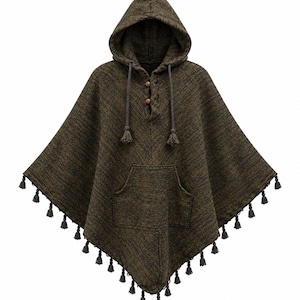 Poncho de lana y algodón verde grisáceo – Capa tejida geométrica nepalí con flecos