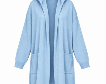 Sky Blue Himalayan Wool Cardigan Poncho with Hood and Pockets