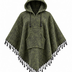 Grüner und grauer Poncho aus Wolle und Baumwolle – Nepalesischer, geometrisch gewebter Umhang mit Fransen