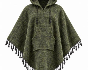 Green Grey Wool Cotton Poncho – Nepali Geometric Woven Cape with Fringe