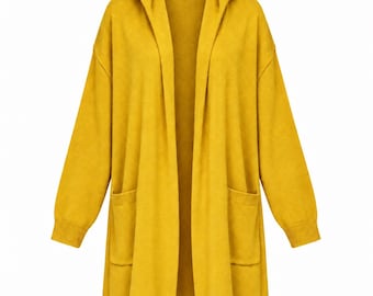 Yellow Himalayan Wool Cardigan Poncho with Hood and Pockets