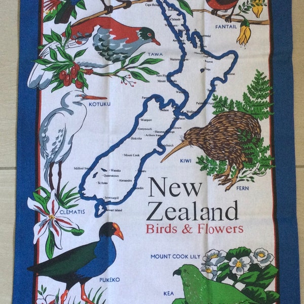 torchon vintage souvenir - oiseaux et fleurs de Nouvelle-Zélande - Collection Nouvelle-Zélande - cuisine rétro inutilisé