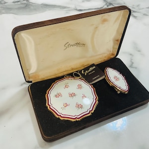 Vintage Stratton England presentset emaljerat puder kompakt läppstiftshållare nytt