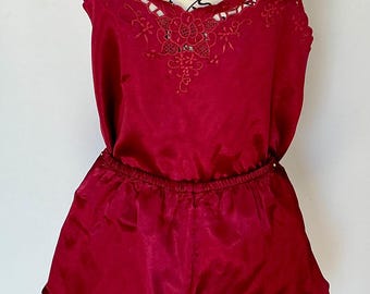 Vintage Women’s Burgundy Satin Teddy Play Suit PJ 100% Washed Silk Size S