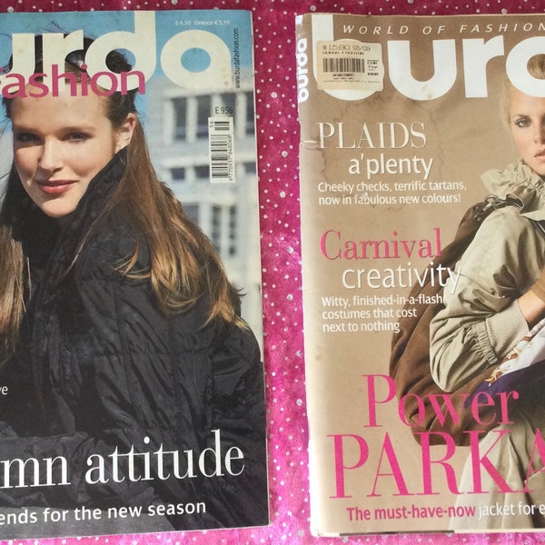 2 magazines Burda en anglais 2/2008, 1/2009 - 2 magazines de mode Burda avec instructions et feuilles à découper/magazines de couture 2008-2009