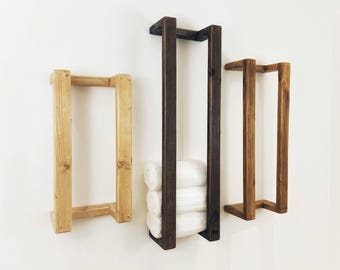 Bathroom Towel Rack, Rustic Wall Mounted Wooden Bath Towel Holder, Handcrafted Towel Storage Shelf