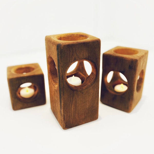 Reclaimed Wooden Candle Holder Set, Rustic Tea Light Holder, Handcrafted from Sustainable Timber