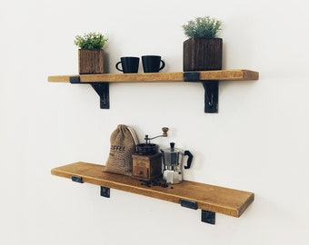 Rustic Wooden Shelf, Solid Wood Shelves, Chunky Wooden Shelving, 15cm Depth x 2.5cm Thickness, Handcrafted Wall Shelf with Metal Brackets