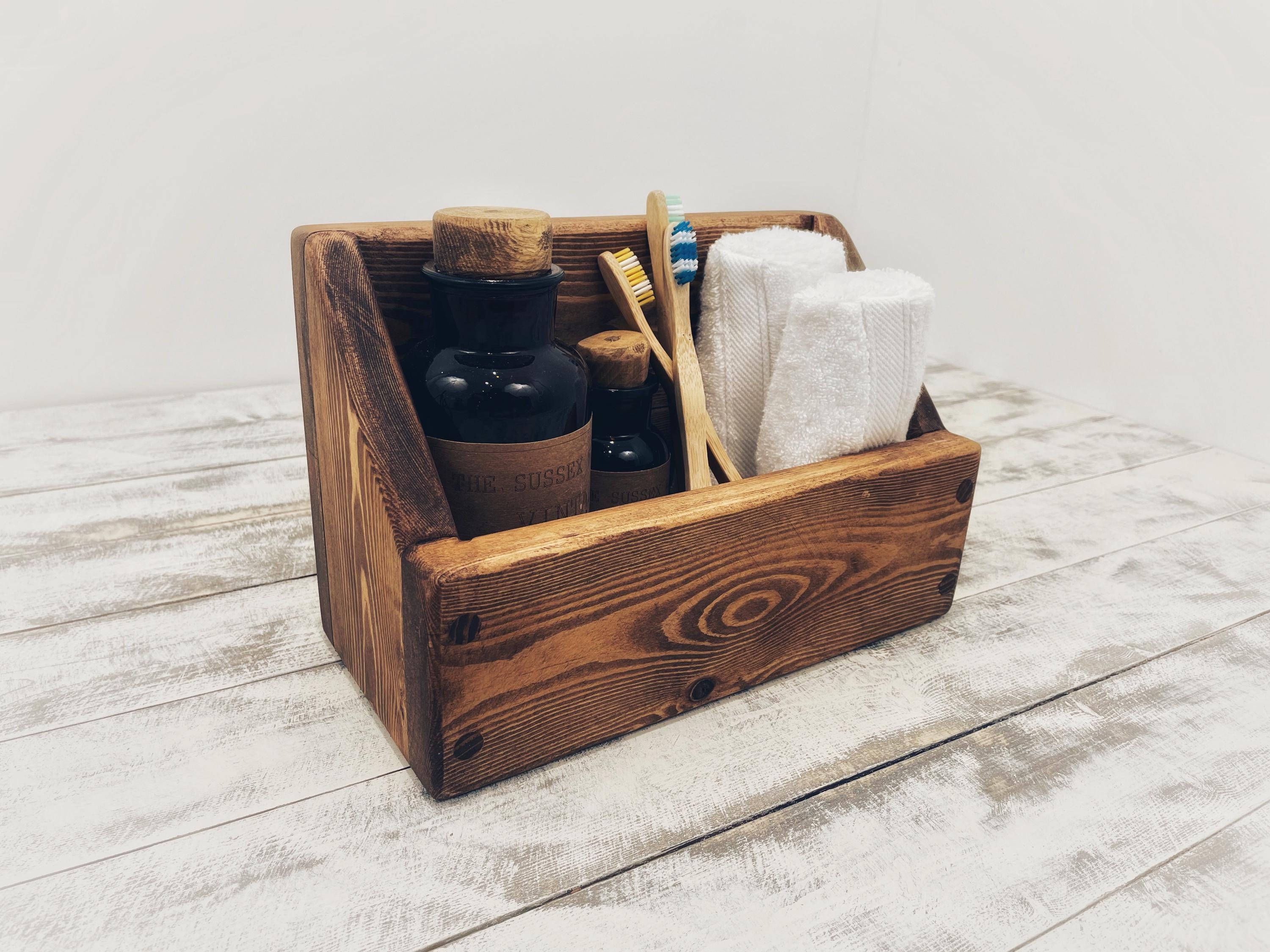 Wooden Bathroom Organiser, Handmade Rustic Make up Caddy, Custom
