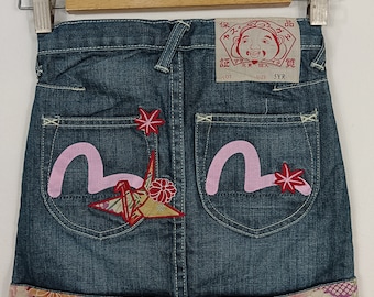 EVISU Gonna di jeans Origami Gabbiano Floreale Taglia per bambini 5 anni Top Marchi giapponesi Stilista Yamane Tokyo Harajuku Autentico