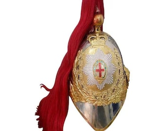 German Silver English Helmet: Brass Accents, Red Horsehair Plume