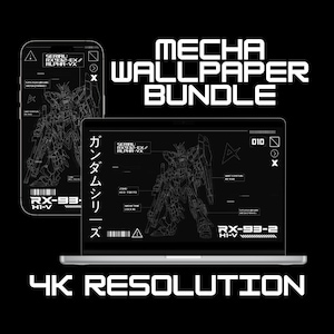 May include: A black digital wallpaper bundle featuring a mecha design, displayed on a smartphone and laptop. The laptop screen shows a detailed blueprint of a robot. Text includes "MECHA WALLPAPER BUNDLE" and "4K RESOLUTION".