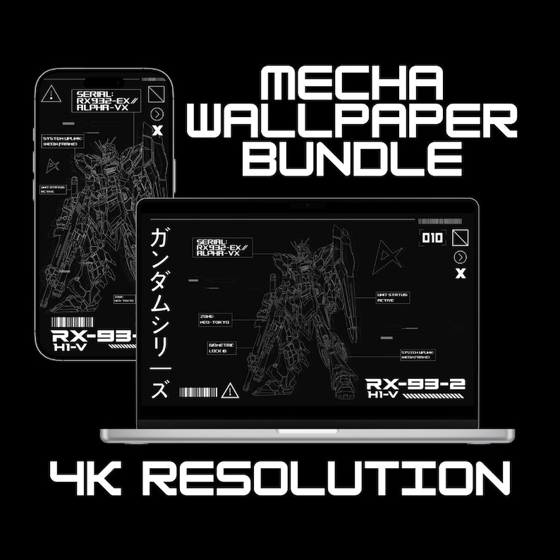 May include: A black digital wallpaper bundle featuring a mecha design, displayed on a smartphone and laptop. The laptop screen shows a detailed blueprint of a robot. Text includes "MECHA WALLPAPER BUNDLE" and "4K RESOLUTION".