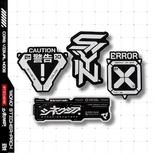 Pode incluir: Um conjunto de quatro autocolantes a preto e branco com um design futurista e inspirado na tecnologia. Os autocolantes apresentam formas geométricas, texto japonês e as palavras "CAUTION" e "ERROR". Os autocolantes fazem parte de um pacote de autocolantes "MONO".