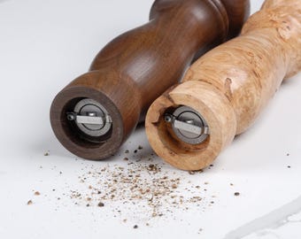 Handmade Wooden Salt and Pepper Grinder Set: Black Walnut or Maple Burl