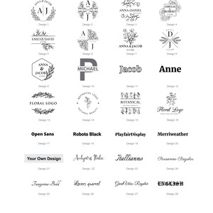 May include: A collection of twenty-eight black and white logo design templates featuring various floral motifs, monograms, and typography styles. The grid displays options labeled Design 1 through Design 28, showcasing names, dates, and font names.