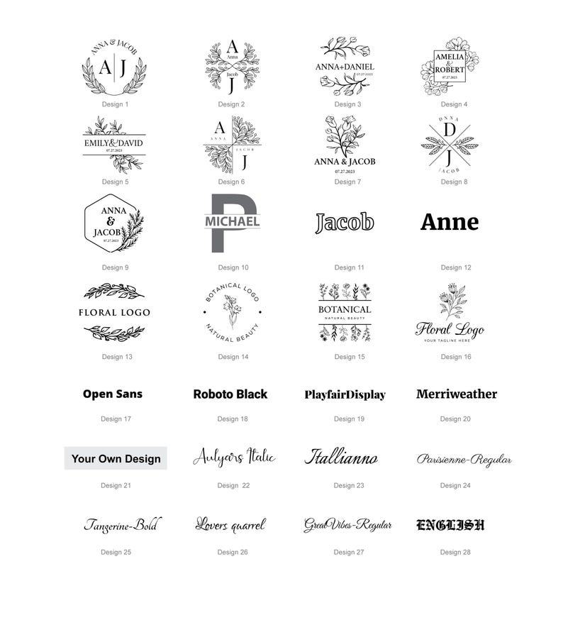 May include: A collection of twenty-eight black and white logo design templates featuring various floral motifs, monograms, and typography styles. The grid displays options labeled Design 1 through Design 28, showcasing names, dates, and font names.