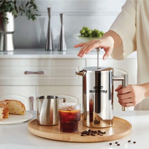 Stainless Steel French Press Coffee Maker Personalized, Double-Wall Insulated, Modern Minimalist French Press, Eco-Friendly Coffee Brewer