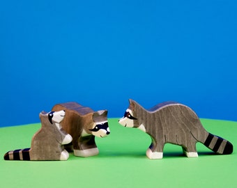 Ensemble de jouets en bois Famille de ratons laveurs | Jouets Montessori | Jouet Waldorf | Animaux de la forêt | Jouets en bois pour enfants | Jouet pour tout-petit
