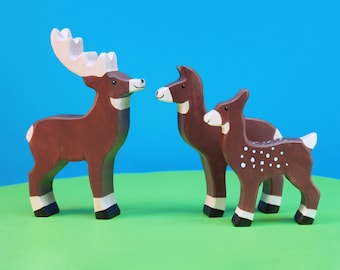 Family of Stags houten speelgoedset | Montessori-speelgoed | Waldorf-speelgoed | Bosdieren | Houten speelgoed voor kinderen | Peuter speelgoed