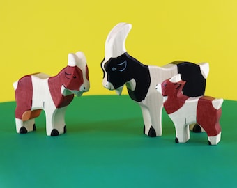 Juguete de madera de familia de cabras / Juego de animales de granja Montessori