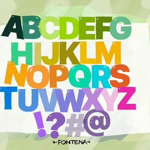 May include: Colorful alphabet letters in various shades of green, yellow, orange, blue, purple, and pink. The letters are displayed on a white background with a watercolor-style design. The word "FONTENA" is at the bottom.