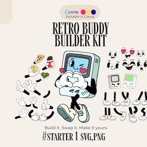 May include: A Retro Buddy Builder Kit graphic with a cartoon-style video game console character. The kit includes various arms, legs, and facial expressions, along with the text "Retro Buddy Builder Kit" and "#STARTER 1 SVG,PNG".