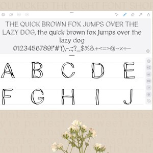 May include: A digital display shows a font preview with the text "THE QUICK BROWN FOX JUMPS OVER THE LAZY DOG." The font includes uppercase letters, numbers, and symbols. The letters are outlined in black.