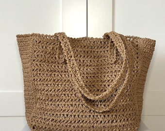 Beach bag, crochet bag, tote bag, paper yarn, raffia yarn, summer bag, straw bag, brown, beige, boho style, straw basket, beach bag