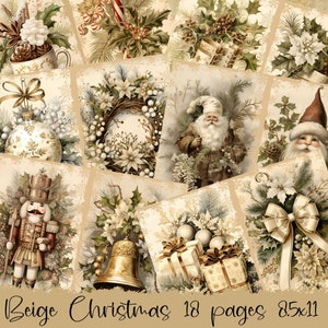 Kit de diario basura Fondos de Navidad beige Digital Vintage Junk Journal Suministros Shabby Chic Navidad Scrapbook Ephemera Kit imprimible