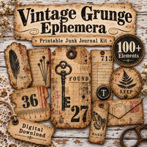 Puede incluir: Un kit de diario basura imprimible titulado Vintage Grunge Ephemera con más de 100 elementos. La colección incluye etiquetas, tarjetas y papeles envejecidos decorados con gráficos vintage como llaves, plumas y mariposas.