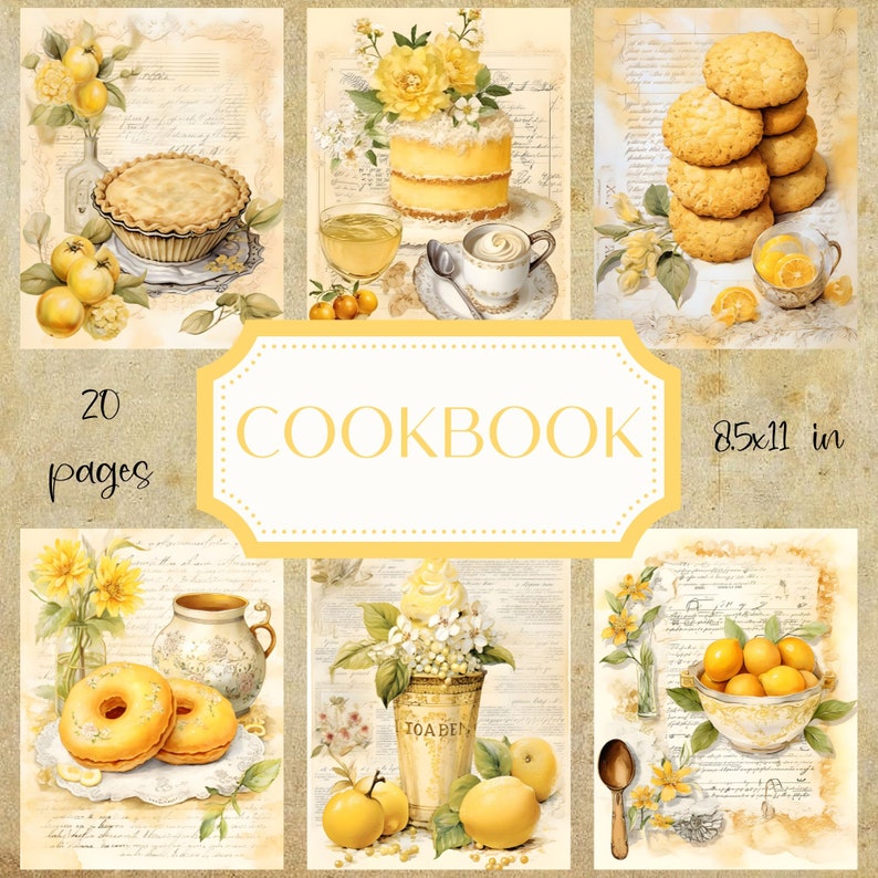 Junk Journal Kit Yellow Vintage Cookbook Scrapbook Digital Paper Kit