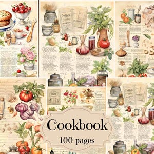 Suprimentos para diário de receitas vintage, livro de receitas vintage, kit de papel digital para scrapbook, páginas de culinária, fundos de culinária chiques e surrados