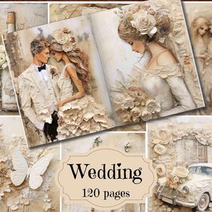 Suprimentos para diário de casamento, scrapbook de casamento, kit de papel digital, páginas para impressão de casamento, chique e surrado, fundos de casamento