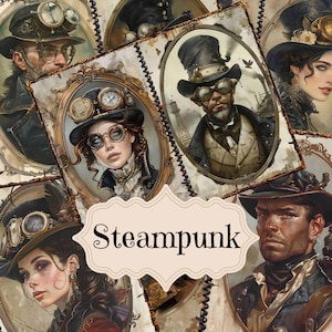 Kit de diario basura con retratos de Steamunk, páginas imprimibles para álbumes de recortes de estilo steampunk vintage, suministros para diario basura de estilo steampunk, fondo shabby chic para mujeres