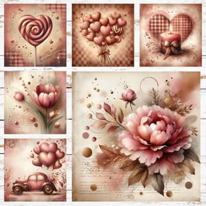 Op de afbeelding: Een verzameling van zes romantische prints in vintage stijl. De prints tonen hartvormige lolly's, boeketten van hartvormige ballonnen, kaarsen, bloemen en een oldtimer met hartballonnen, allemaal in zachte roze en bruine tinten.